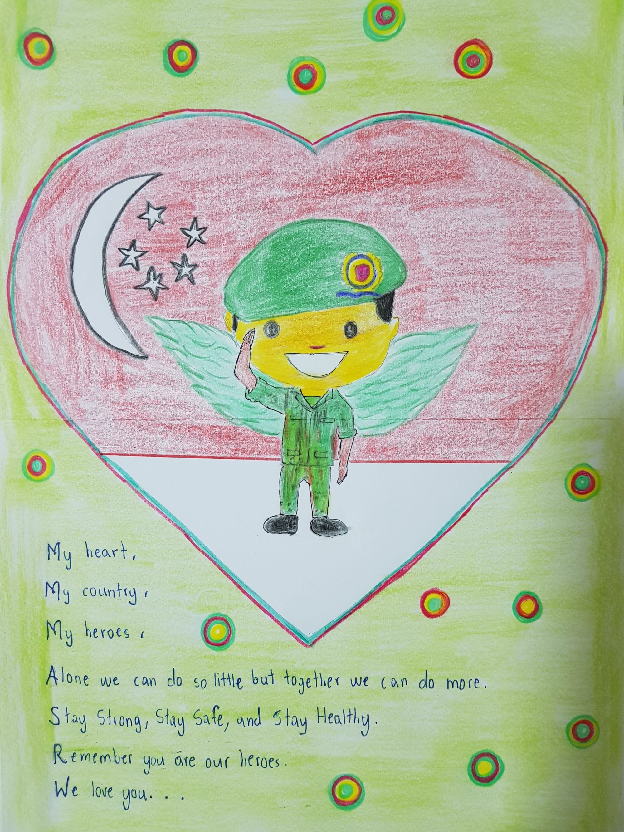 Child's crayon drawing of a saluting cartoon soldier with wings inside a red heart, with a patriotic poem below.